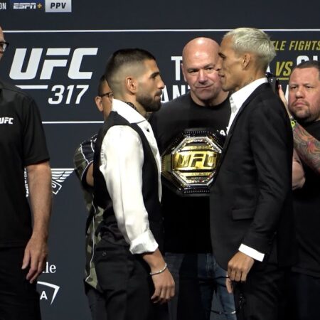 Ilia Topuria and Charles Oliveira Exchange Words During UFC 317 Faceoff